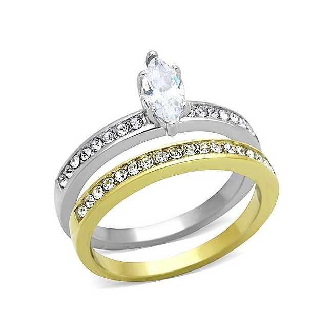 Exclusive 14K Two Tone (Gold & Silver) Pave Engagement Wedding Ring Set Clear CZ