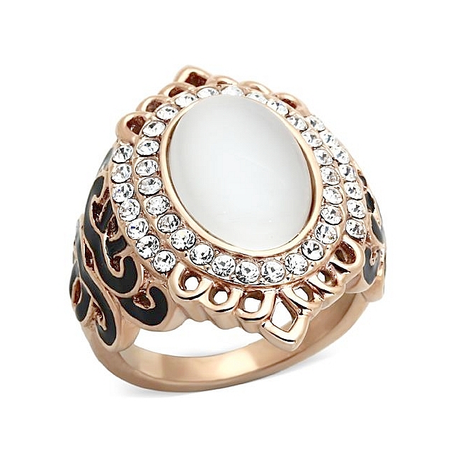 Classic 14K Rose Gold Plated Fashion Ring White Synthetic CatEye