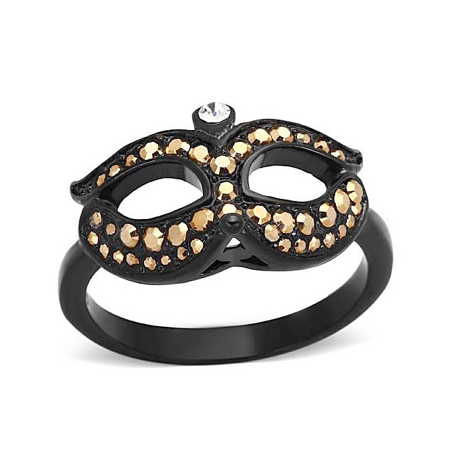 Ion Black Plated Mascarade Mask Fashion Ring Metallic Light Gold Crystal
