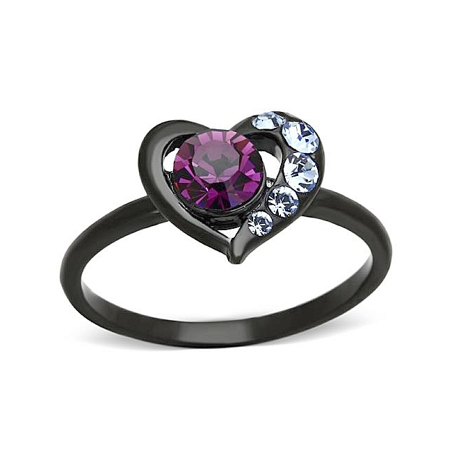 Ion Black Plated Heart Fashion Ring Amethyst Crystal