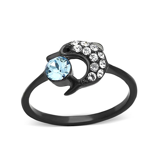Ion Black Plated Dolphin Animal Fashion Ring Aqua Crystal