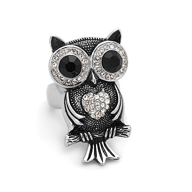 Silver Tone Owl Animal Fashion Ring Black Crystal
