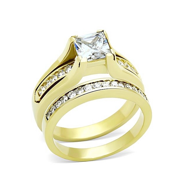 14K Gold Plated Engagement Wedding Ring Set Clear CZ