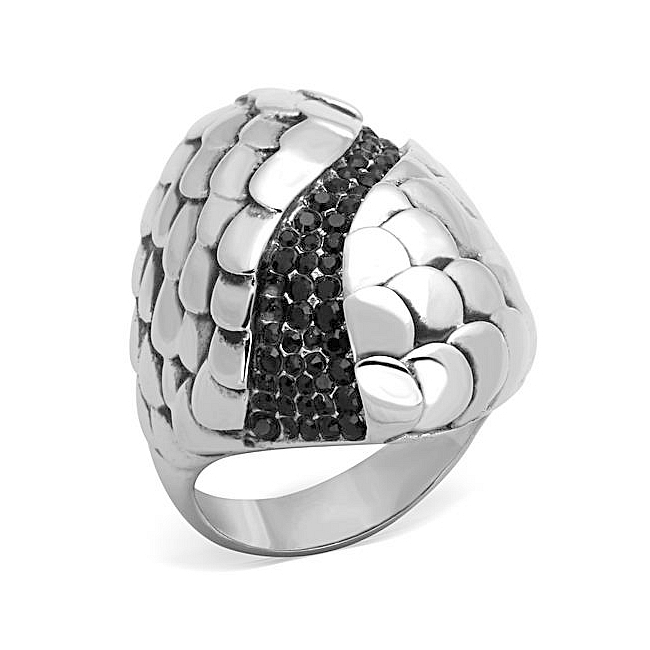 Silver Tone Vintage Fashion Ring Black Crystal