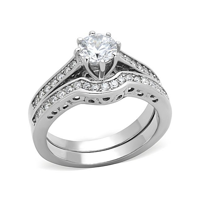 Silver Tone Pave Engagement Wedding Ring Set Clear CZ