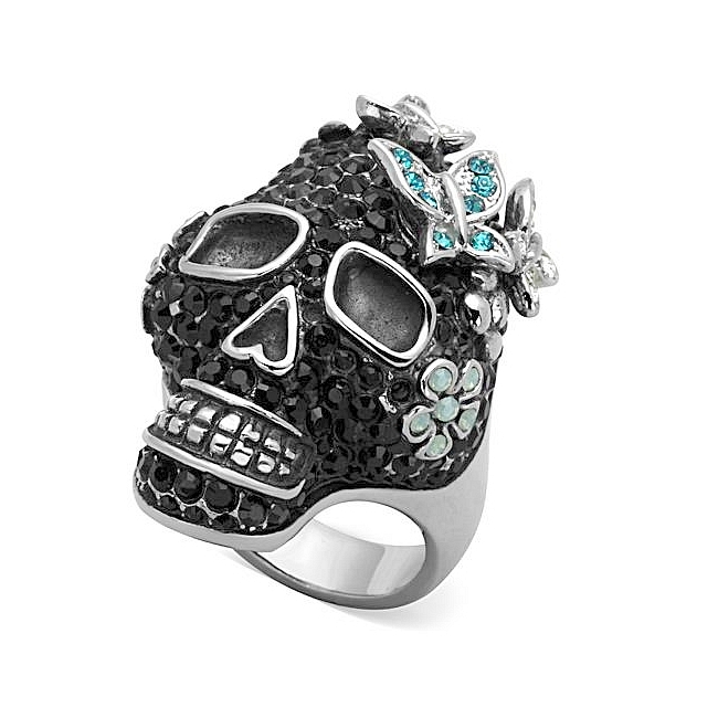 Silver Tone Skull Fashion Ring Multi Color Crystal