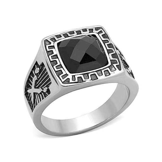 Silver Tone Vintage Mens Ring Black Synthetic Glass