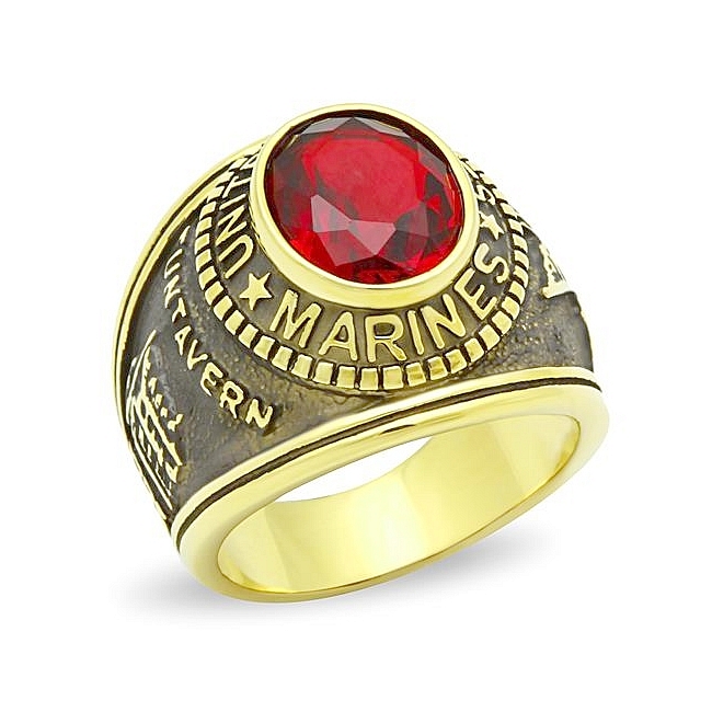14K Gold Plated Marines / Military Mens Ring Siam Synthetic Glass