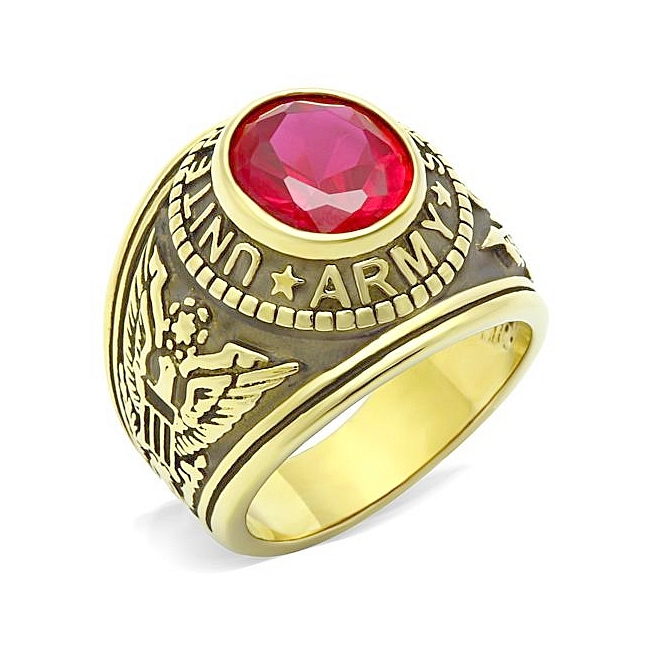 14K Gold Plated Army / Military Mens Ring Siam Synthetic Glass