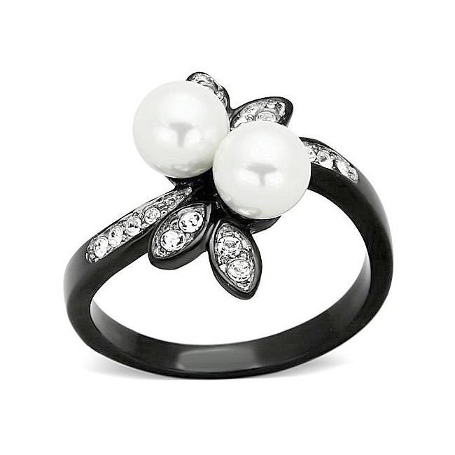 14K Two Tone (Black & Silver) Flower Fashion Ring White Synthetic Pearl