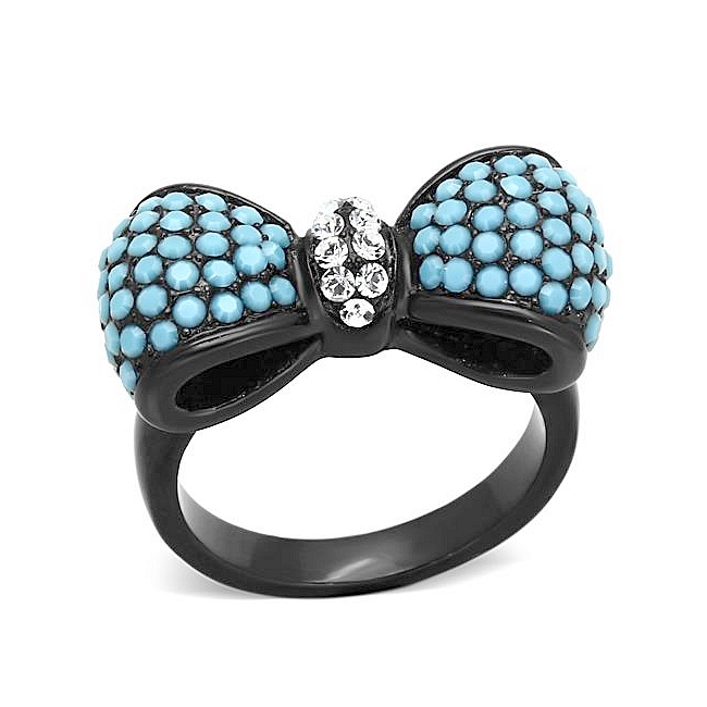 Ion Black Plated Butterfly Fashion Ring Turquoise Crystal