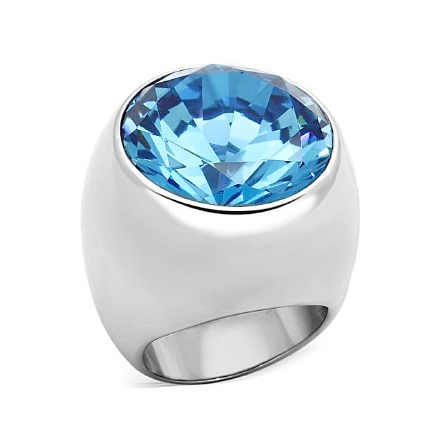 Silver Tone Fashion Ring Sea Blue Synthetic Glass
