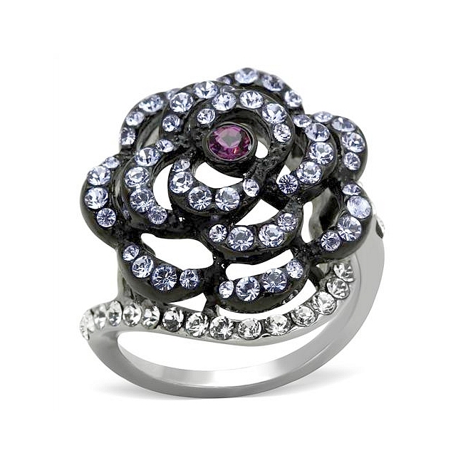 14K Two Tone (Black & Silver) Flower Fashion Ring Amethyst Crystal