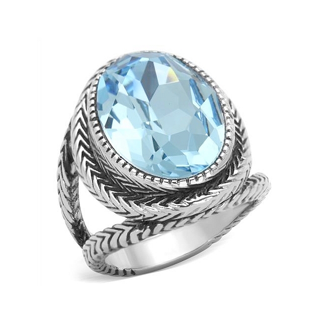Silver Tone Fashion Ring Sea Blue Crystal