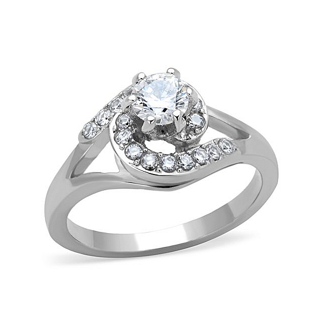 Silver Tone Pave Engagement Ring Clear Cubic Zirconia