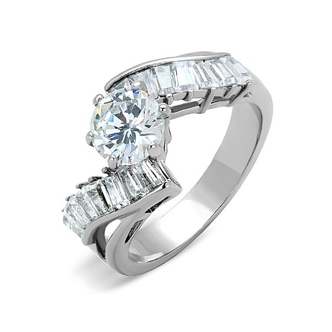 Exquisite Silver Tone Side Stone Engagement Ring Clear Cubic Zirconia