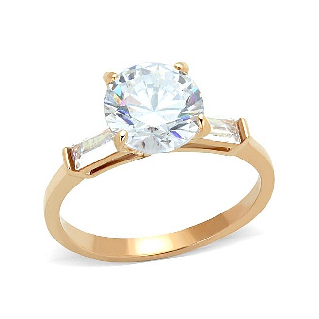 14K Rose Gold Plated Side Stone Engagement Ring Clear CZ