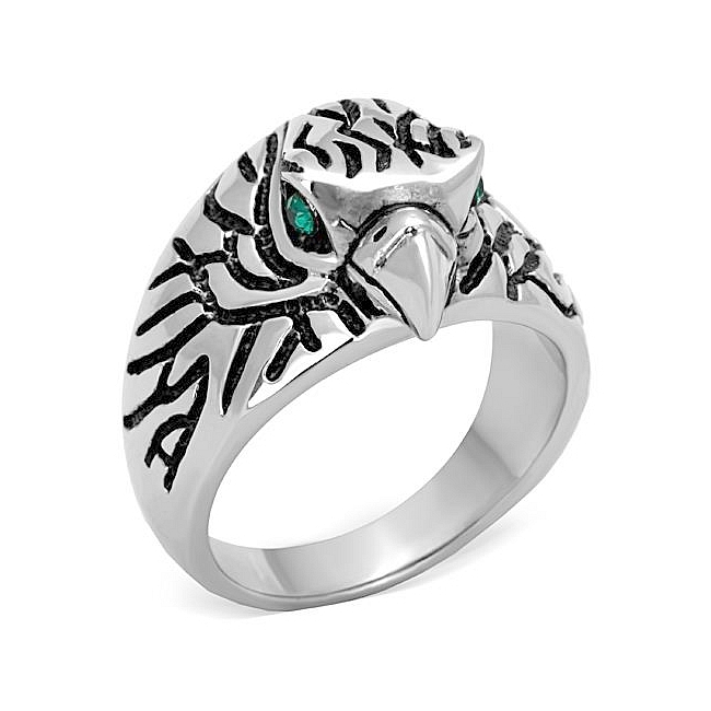 Silver Tone Eagle Animal Mens Ring Emerald Crystal