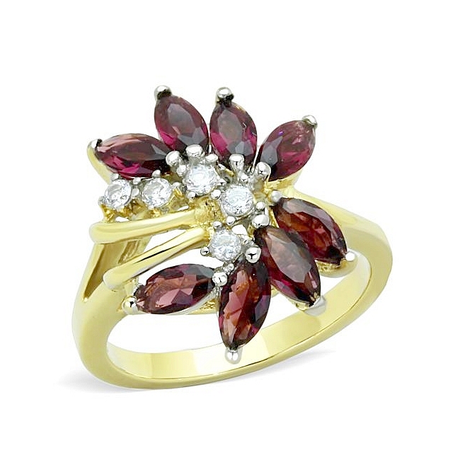14K Two Tone (Gold & Silver) Flower Fashion Ring Amethyst Synthetic Glass