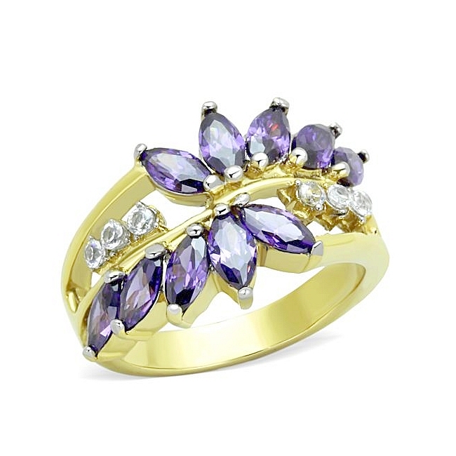 14K Two Tone (Gold & Silver) Flower Fashion Ring Amethyst Cubic Zirconia