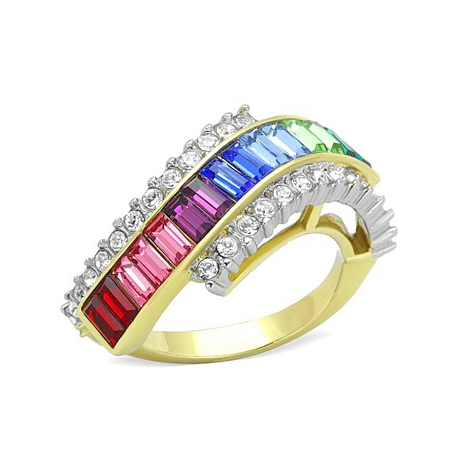 Extraordinary 14K Two Tone (Gold & Silver) Flower Fashion Ring Multi Color Crystal