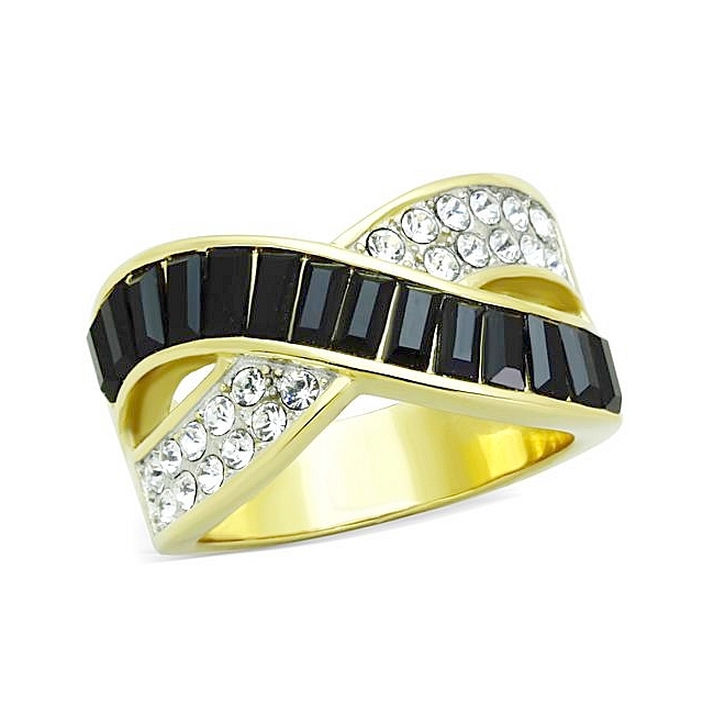 14K Two Tone (Gold & Silver) Pave Wedding Ring Black Crystal