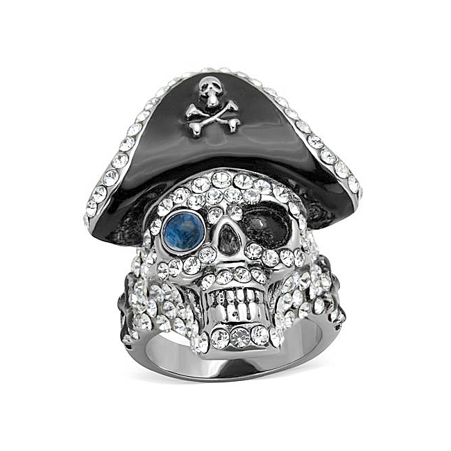 14K Two Tone (Black & Silver) Pirate Skull Fashion Ring Montana Synthetic Glass