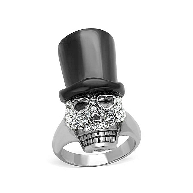 14K Two Tone (Black & Silver) Skull Fashion Ring Clear Crystal