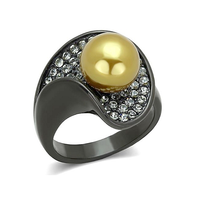 Ion Black Plated Fashion Ring Champagne Synthetic Pearl
