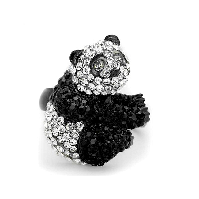 14K Two Tone (Black & Silver) Panda Animal Fashion Ring Black Crystal