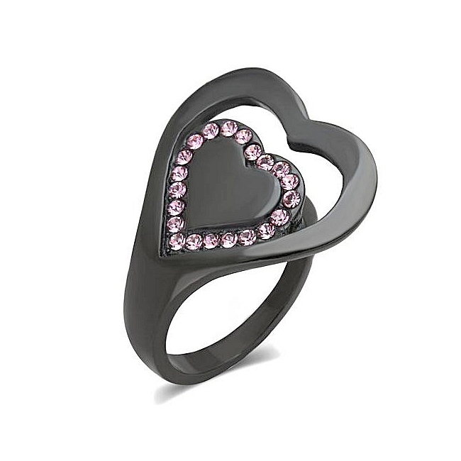 Petite Ion Black Plated Heart Fashion Ring Light Rose Crystal