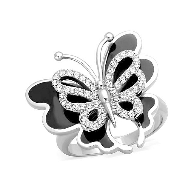 Stunning Silver Tone Butterfly Fashion Ring Clear Crystal