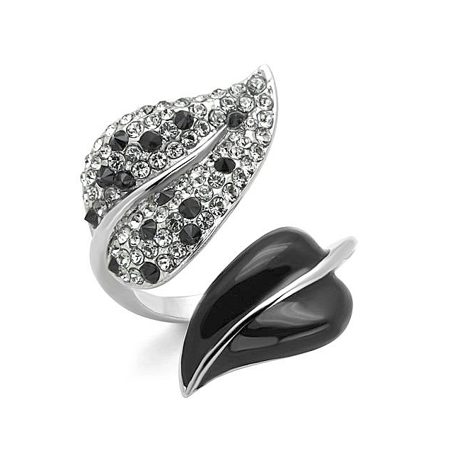Silver Tone Flower Fashion Ring Black Crystal