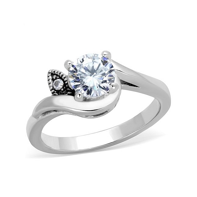 Petite Silver Tone Vintage Engagement Ring Clear CZ