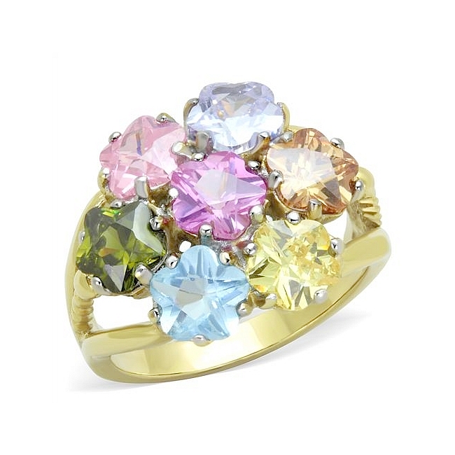 14K Two Tone (Gold & Silver) Fashion Ring Multi Color Synthetic Glass