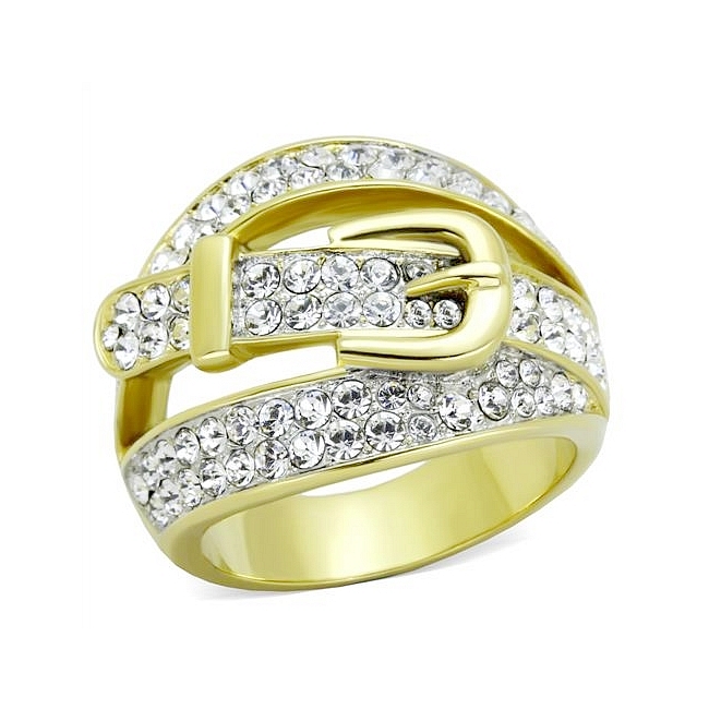 14K Two Tone ( Gold & Silver) Pave Fashion Ring Clear Crystal
