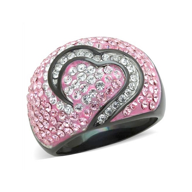 14K Two Tone (Black & Silver) Heart Fashion Ring Light Rose Crystal