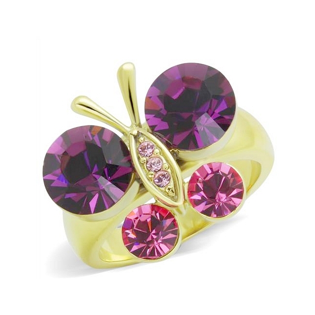 14K Gold Plated Butterfly Fashion Ring Amethyst Crystal