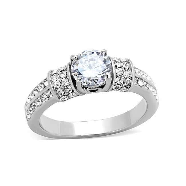 Silver Tone Pave Engagement Ring Clear CZ