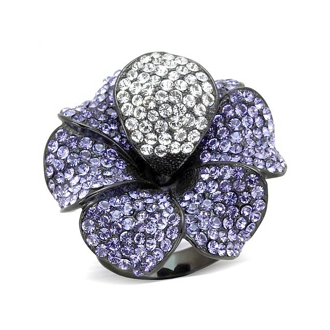 Ion Black Plated Flower Fashion Ring Tanzanite Crystal