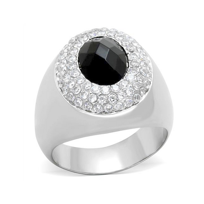 Silver Tone Mens Ring Black Synthetic Glass