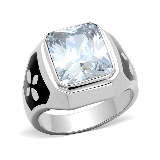 Silver Tone Mens Ring Clear Cubic Zirconia