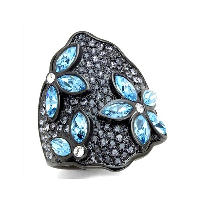 Ion Black Plated Fashion Ring Aqua Crystal