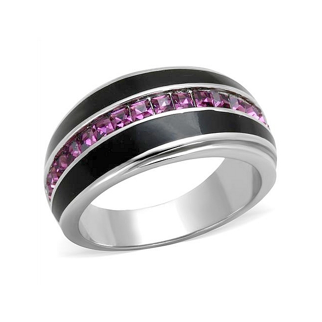 Silver Tone Band Fashion Ring Amethyst Crystal