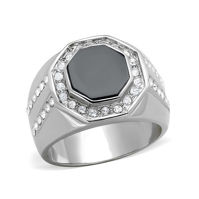 Silver Tone Mens Ring Clear Crystal