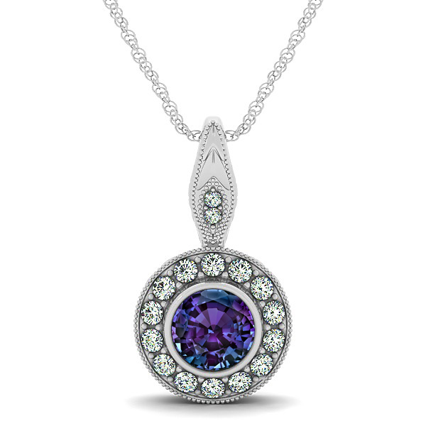 Vintage Alexandrite Necklace with Round Halo Circle Pendant