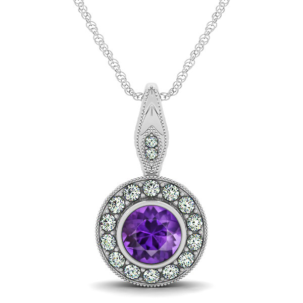Vintage Amethyst Necklace with Round Halo Circle Pendant