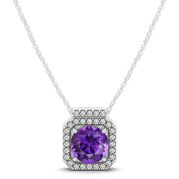 Square Halo Necklace with Round Cut Amethyst Pendant