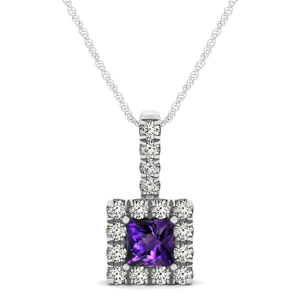 Upscale Square Drop Halo Necklace with Princess Cut Amethyst