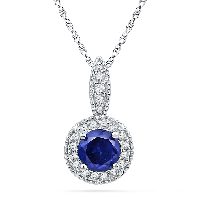 0.15 CT Diamond 1.50 Ct Blue Sapphire Pendant Necklace